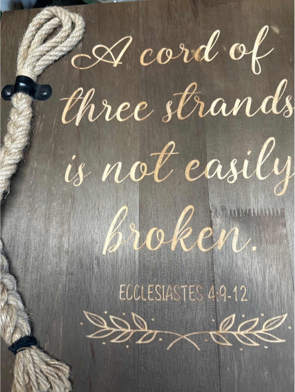 Wooden Inspirational Plaque with Rope Accent - Ecclesiastes 4:9-12 Quote